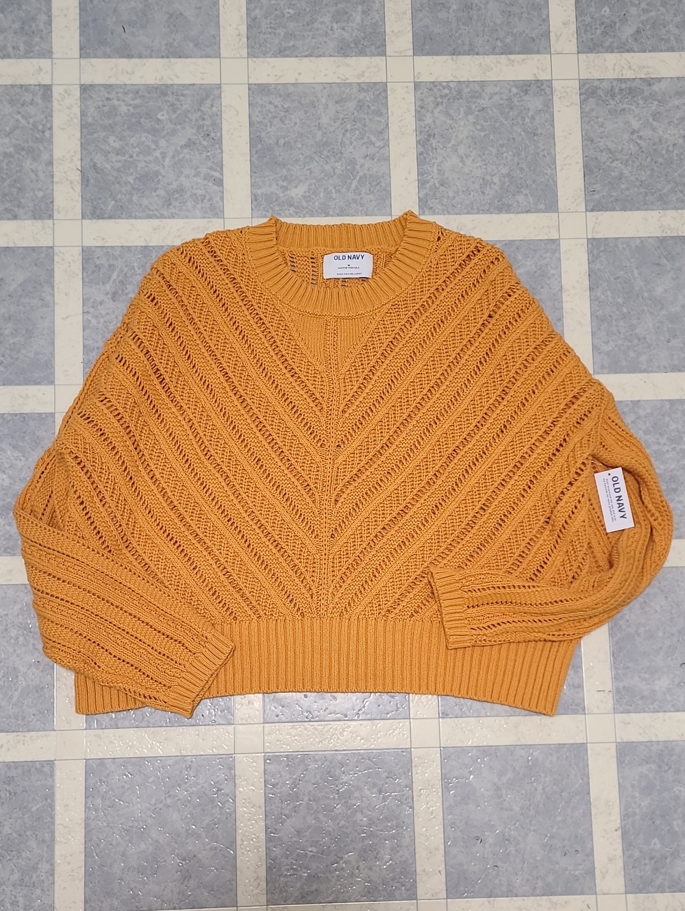 Old Navy Mustard Openwork Knit Crewneck Sweater